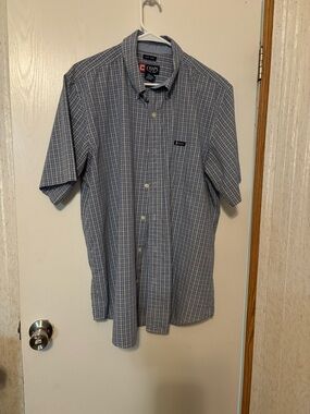 Chaps Blue and White Plaid Short-Sleeve Button-Down Shirt